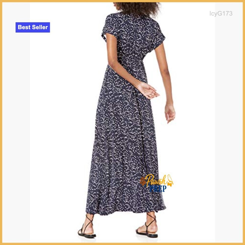 V-Neck Short Sleeve Waisted Maxi Dress Fit & Flare Rayon Stretch Jersey - Picture 3 of 7